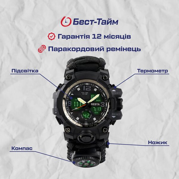 Годинник чоловічий наручний Besta Life Pro AllBlack із компасом 1547 фото